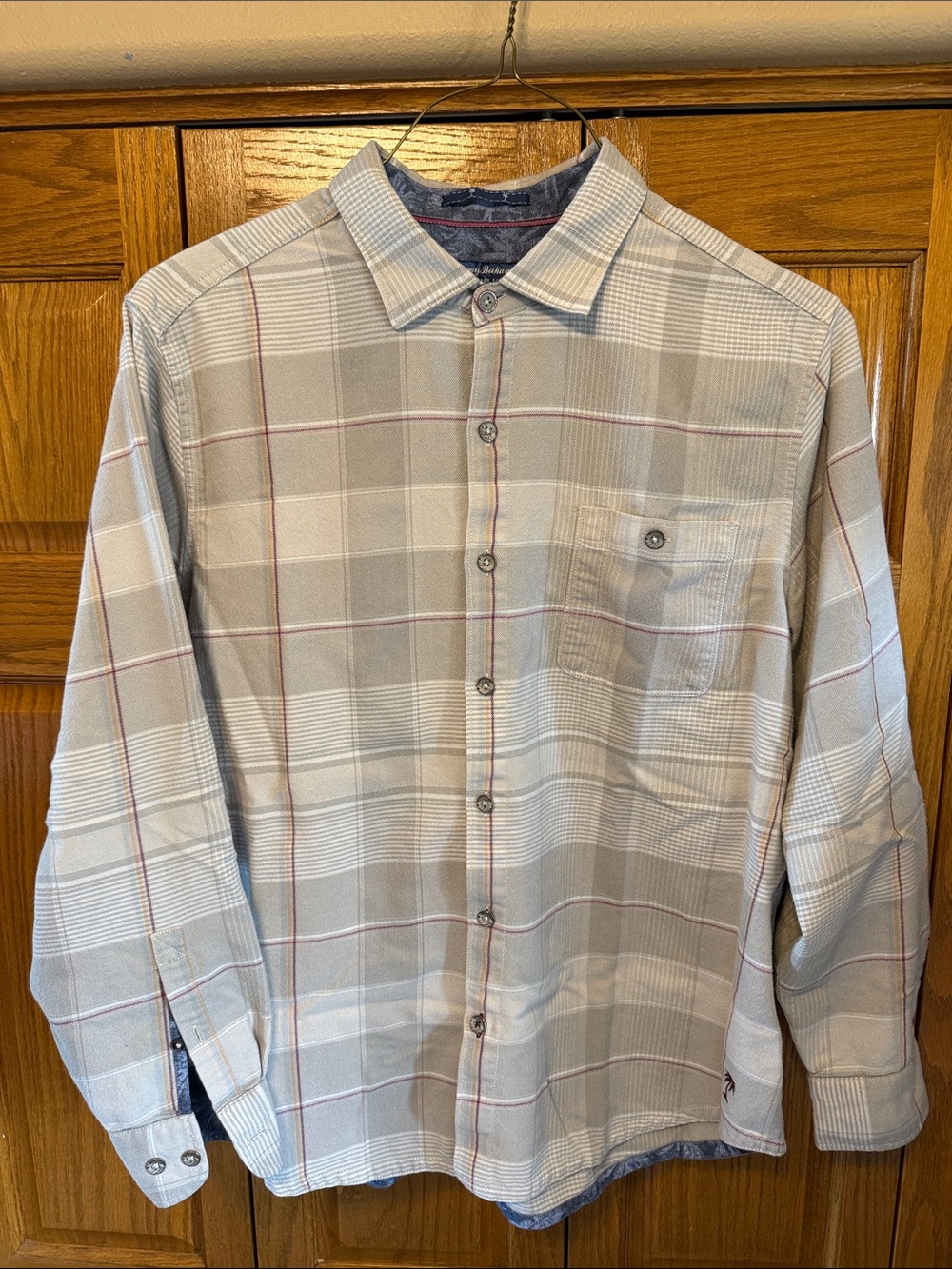 Tommy Bahama Light Gray Plaid Button-Down Shirt with Subtle Red Stripes